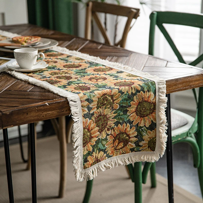 

New 12*72" Bridal Party Sunflower Fall Table Runner Jacquard Cotton Jute Vintage Farmhouse Tassel Flower Runner Wedding Table