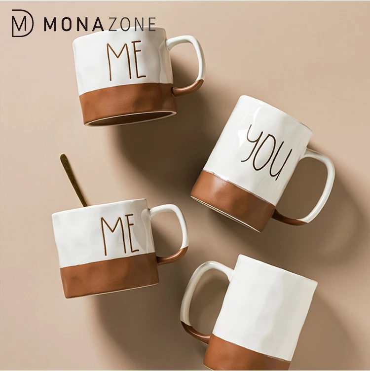 

MONAZONE Large Capacity Ceramic Mug Milk Tea Cup You Me Character with Uneven Surface Water Drinking Cup for Breakfast