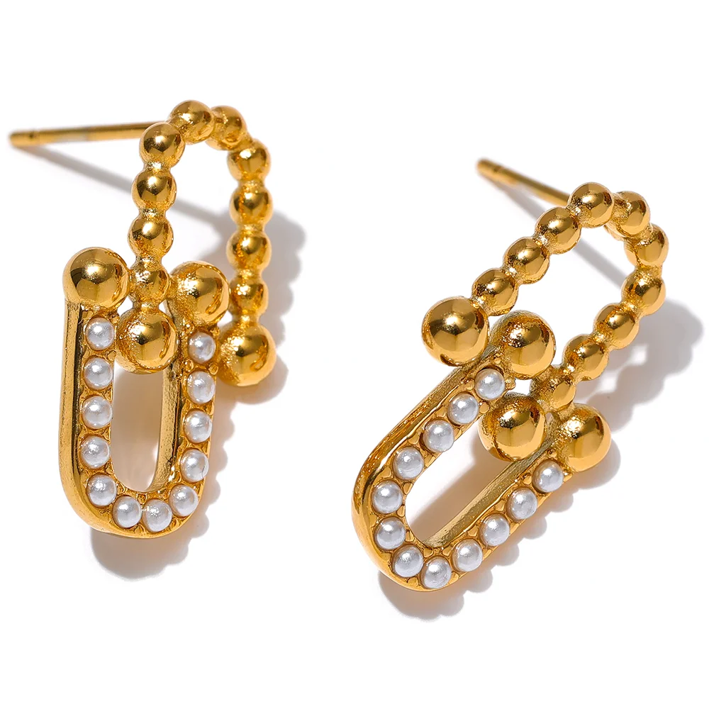 

JINYOU 1657 Artificial Pearls Geometric Stainless Steel Unusual Stud Earring 18k Gold Color Texture Charm Fashion Korean Jewelry