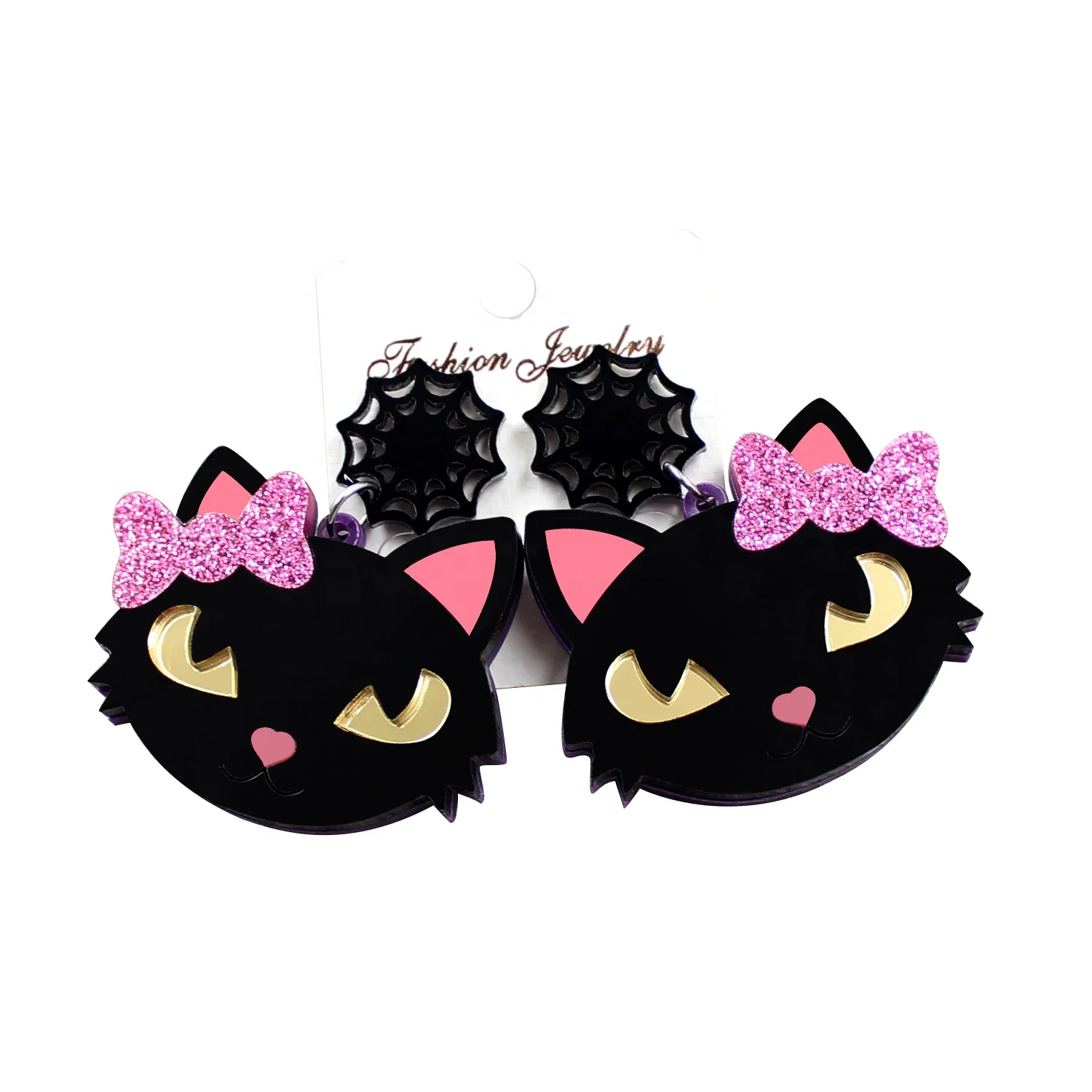 

HP043 45mm Acrylic Cute Cat Dangle Earrings Halloween Cat with Bow Hook Laser Cutout Earrings