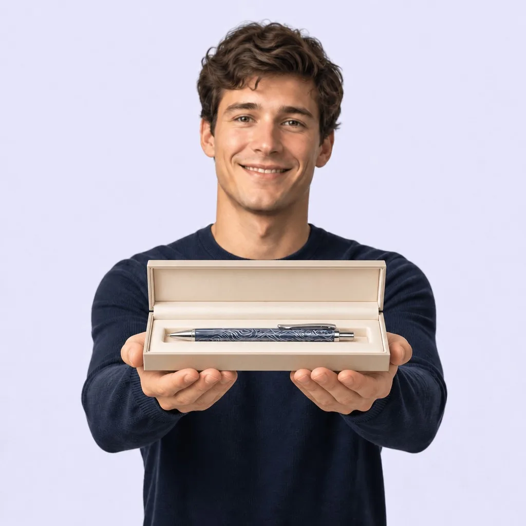 A young person enjoying a bold patterned pen