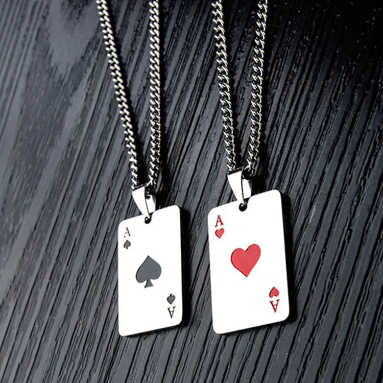 

Fashion Stainless Steel Necklace Creative Playing Card Hearts Spades A Initial Silver Necklace for Women Men