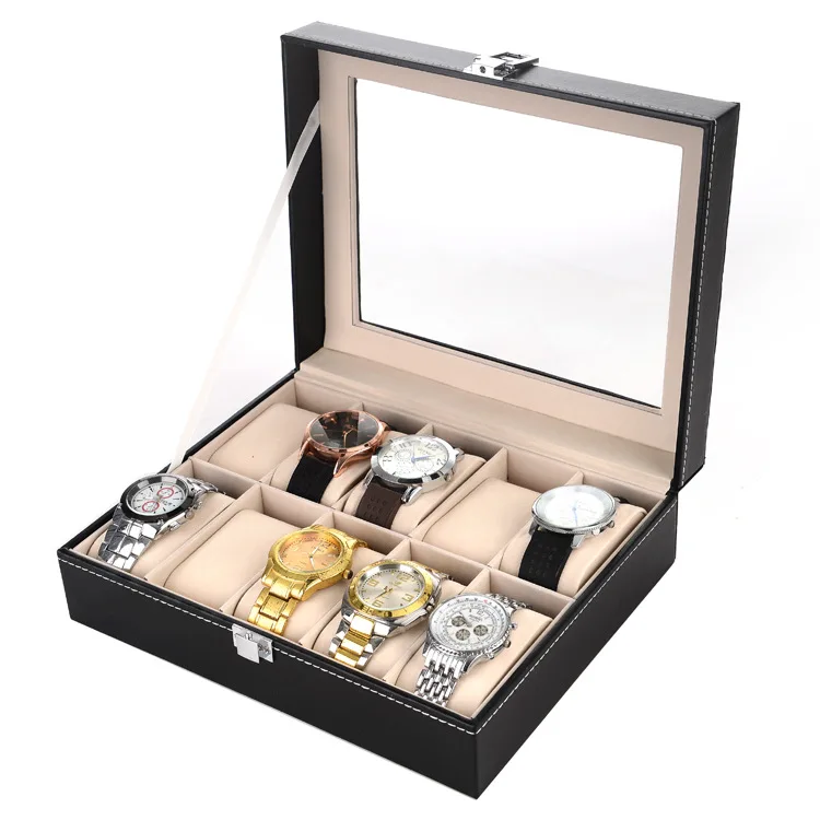 

luxury PU leather black 10 slots watch box, As picture