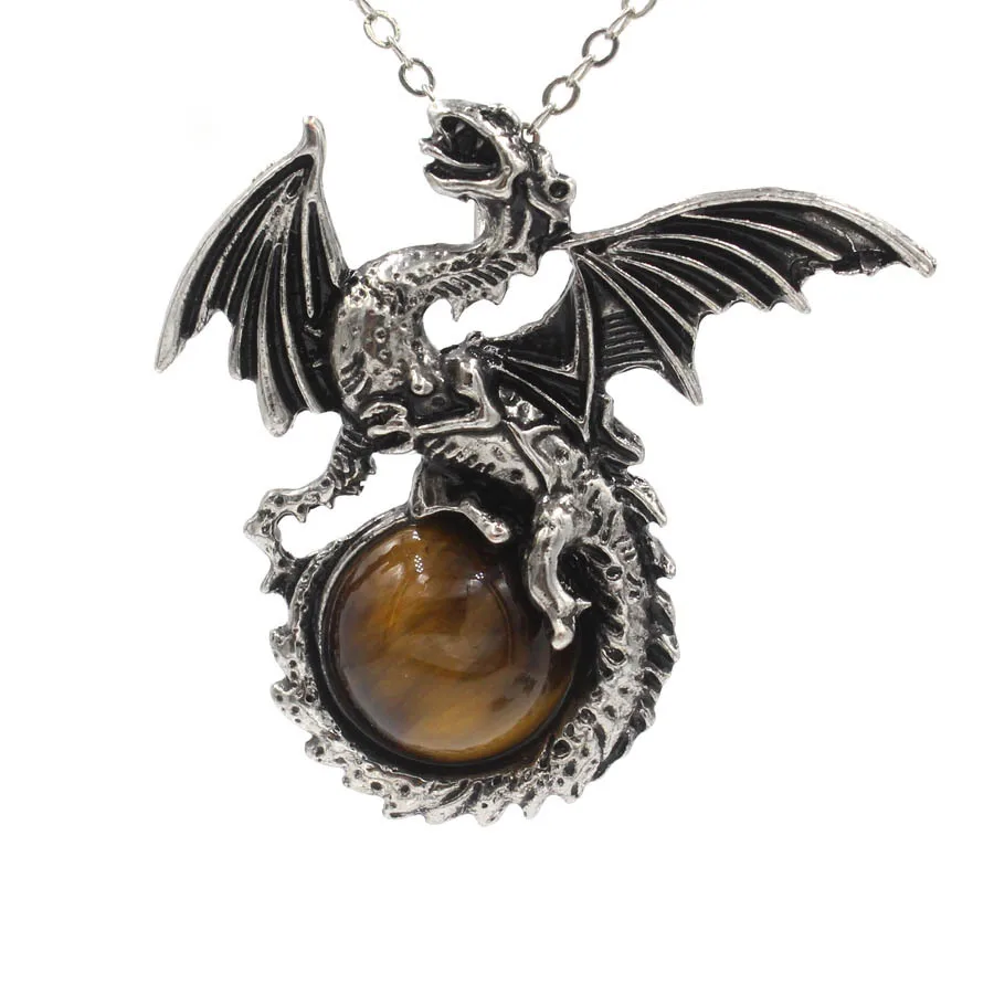 

wholesale natural stone tiger eye obsidian dragon pendant necklace fashion vintage gemstone jewelry animal pendant