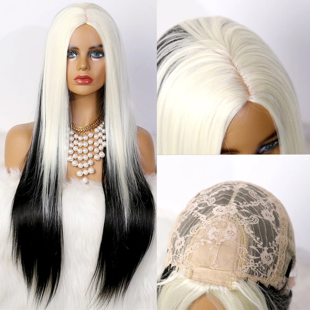 

White Black Synthetic Lace Wig Glueless Heat Resistant Hair Long Straight Full Mechanism Wig Halloween Drag Queen Amazon Sale