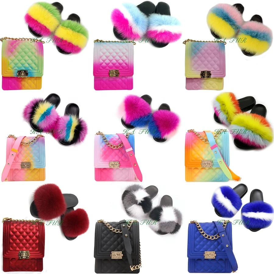 

2020 ELVA new design rainbow color jelly bag fur slides with purse set fur slides