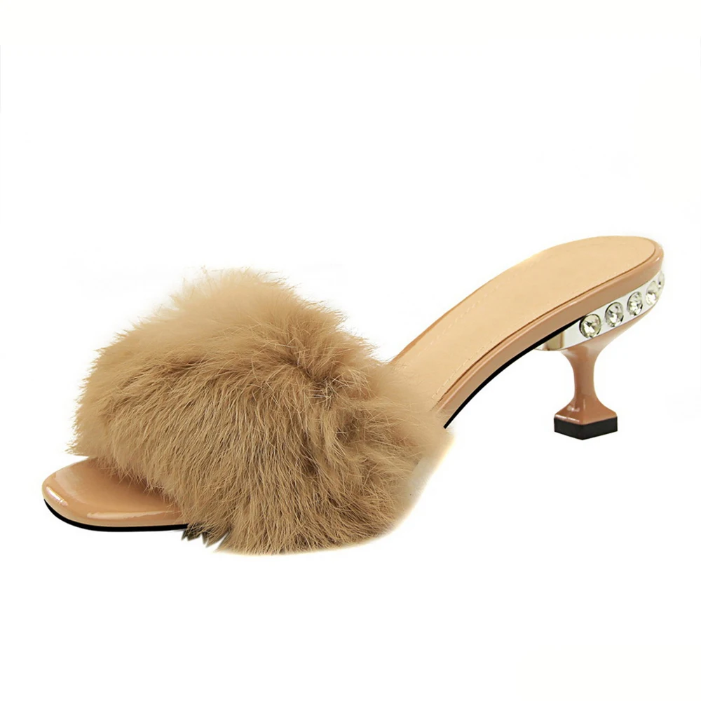 

Superstarer Decorate Elegant Fashion Footwear Slide Slippers with Rhinestone High Heels Furry Fur Womens Sandals