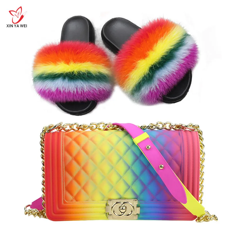 

Hot Sale Wholesale Fur Slides Slippers Women Rainbow Small Jelly Bags and Purse Fur Slides Hand Bag Set