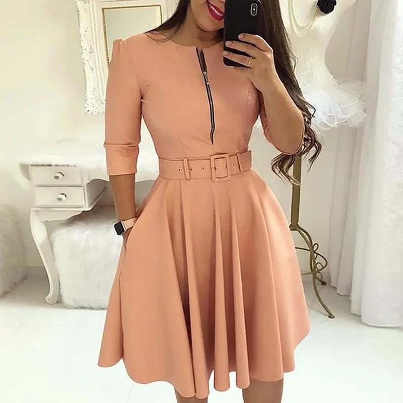 

Elegant Bodycon Women Evening Girls Long sleeve Solid Zipper Up Belted Pleated Casual Dress, Purple,beige,sky blue