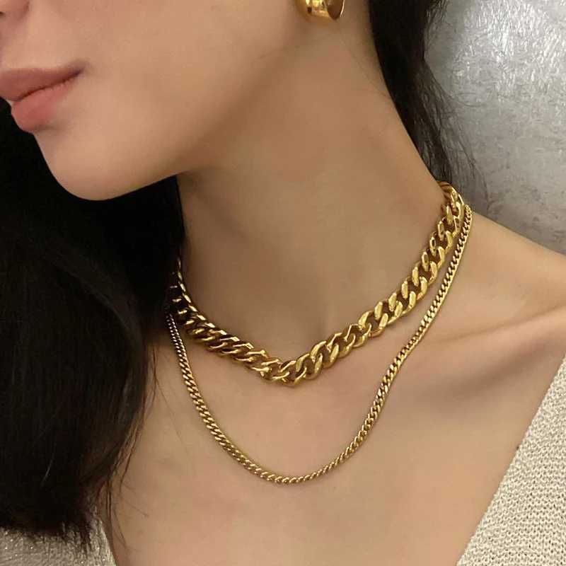 

Chunky 12mm Stainless Steel Gold Filled cuban link choker necklace thick layering chain statement necklace for women