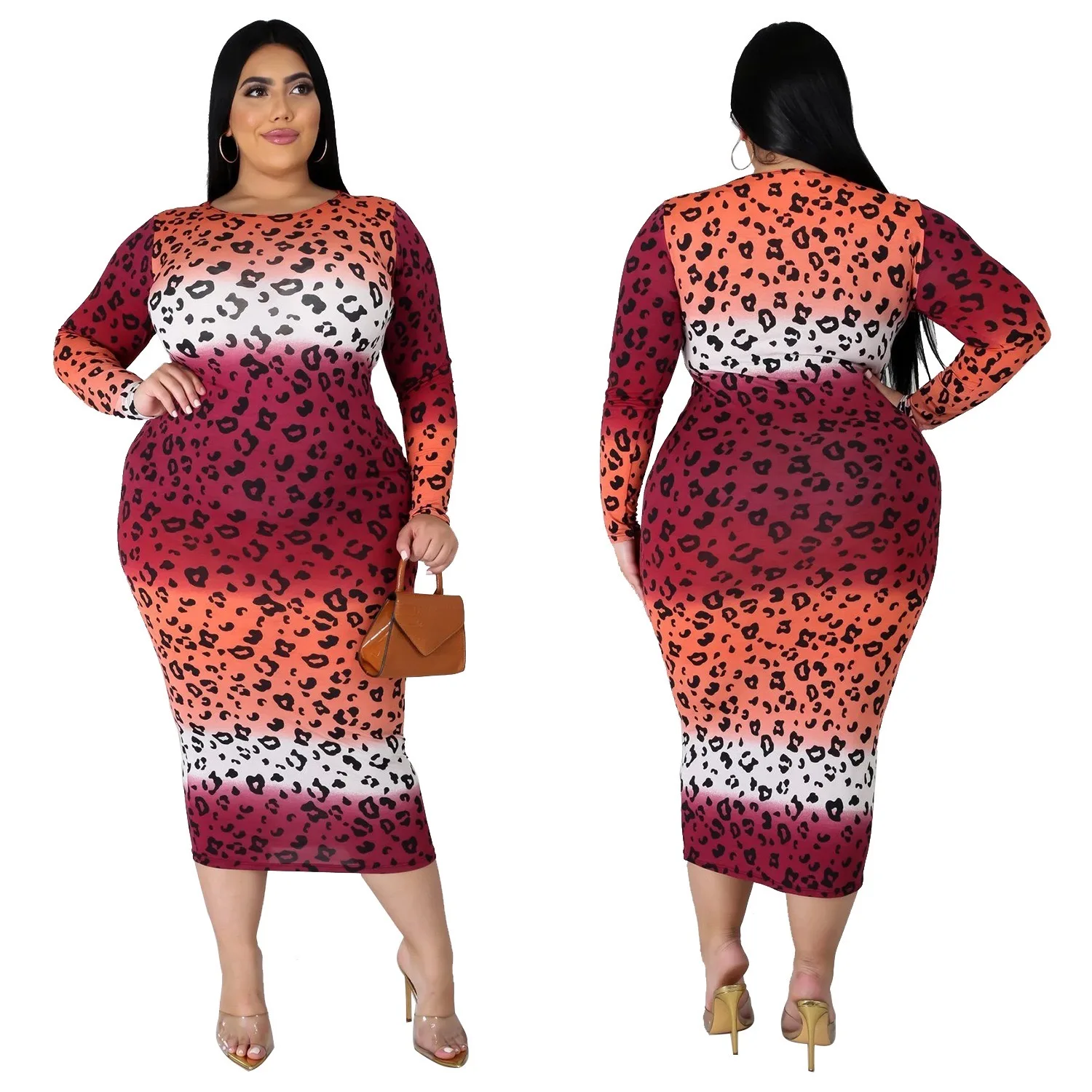 

Wholesale 5XL sexy fashion long sleeve o neck stretch slim multicolor print plus size dress party club casual dresses, 1color as picture