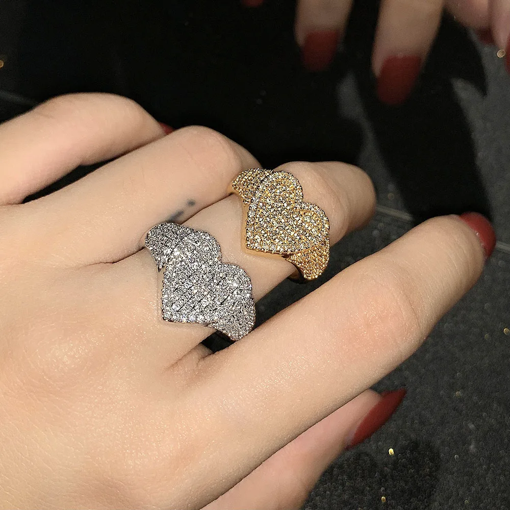 

bling iced out micro pave cz diamond sterling silver gold heart rings