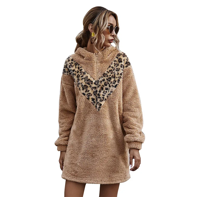 

2020 New fashion Winter women teddy Leopard contrast color long jacket Ladies faux fur coat jacket