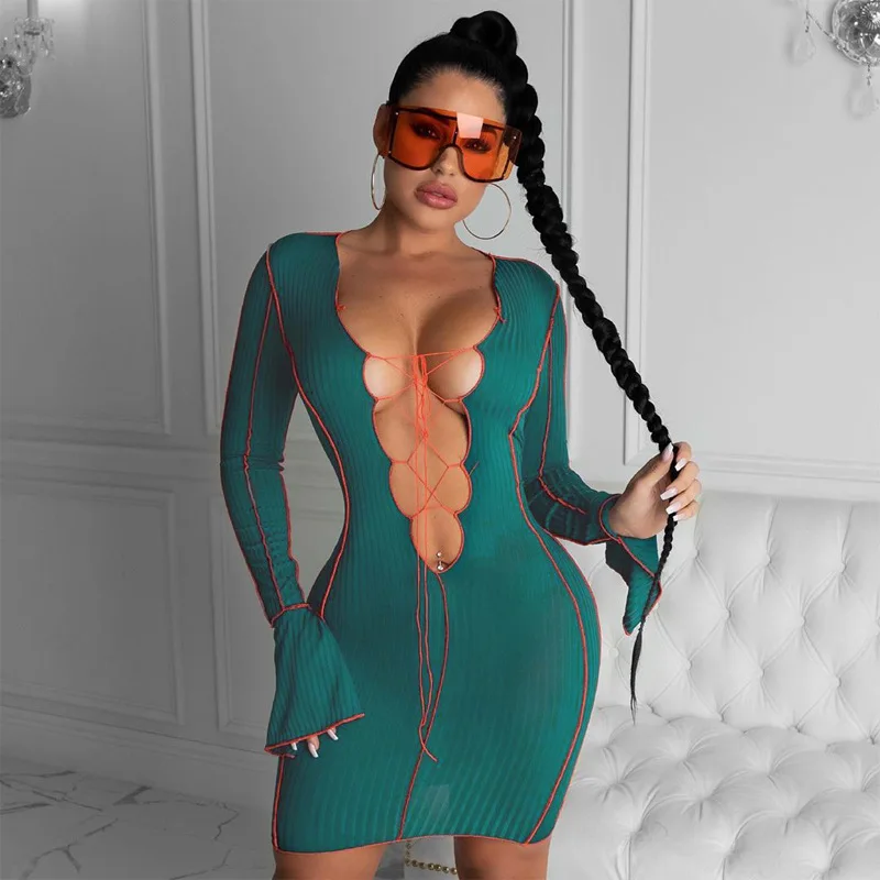 

Lace Up Deep V Neck Ribbed Long Sleeve Bodycon Dresses Women Patchwork Hot Club Partywear Sexy Fashion Mini Dress Fall