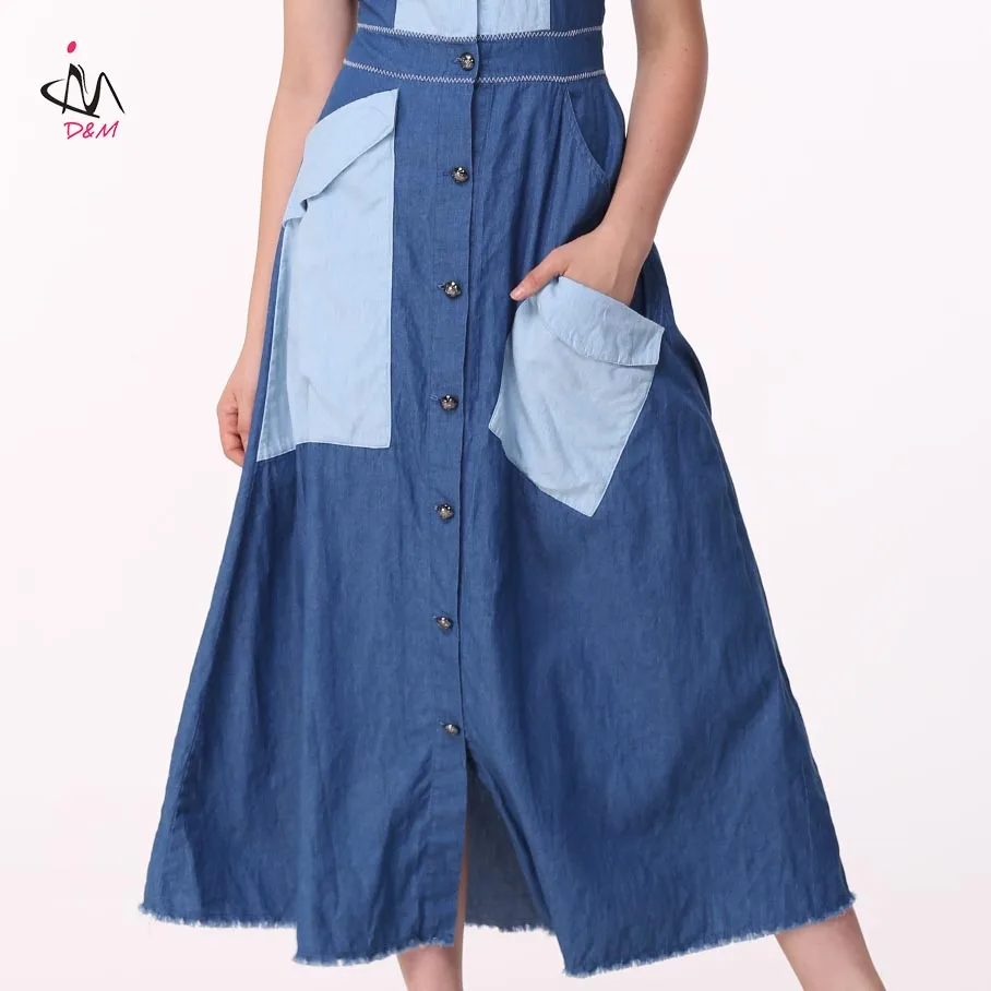 

A Line High Waist with Pockets Buttons Maxi Long denim skirts For women, Shown