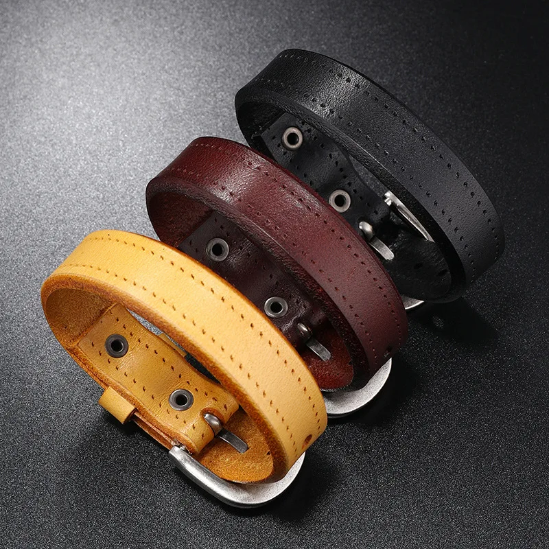 

Punk Jewelry Stitched Man Plain Brown Black Leather Buckle Bracelet