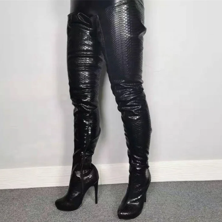 

Wholesale Big Size 47 Platform Sexy Lizard Print Side Zip Women Over Knee High Boots Round Toe Thin High Long Booty For Lady, Black