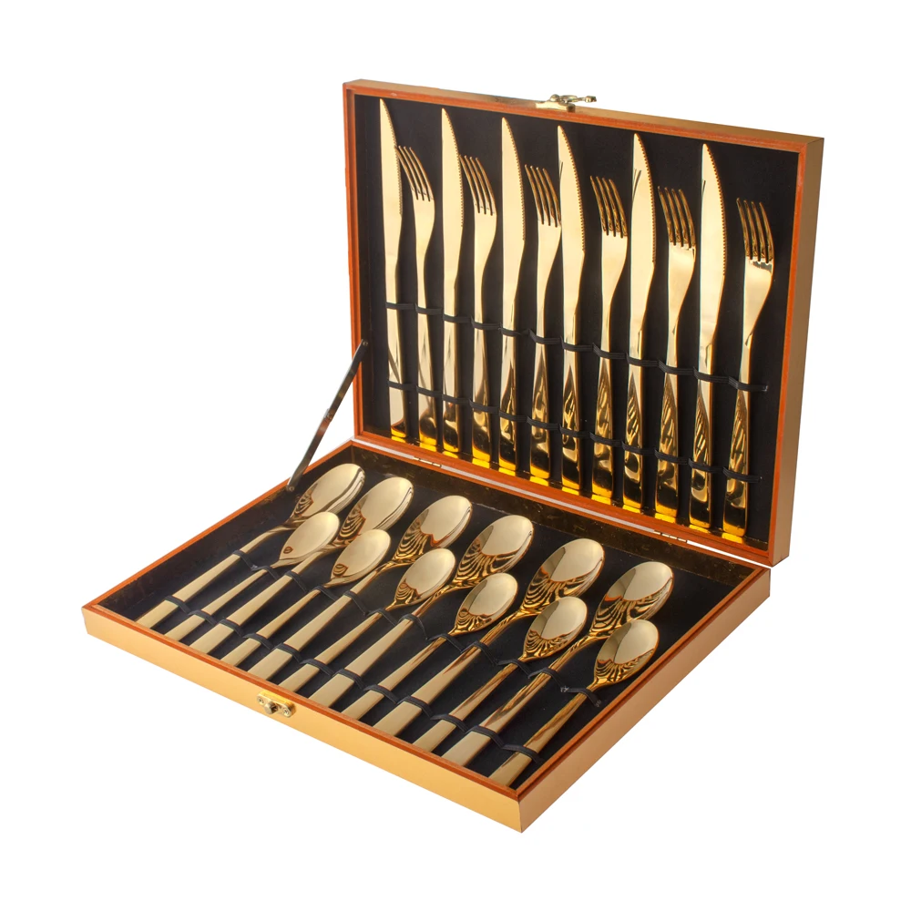 

High Quality Spoon Fork Luxury 24-piece Stainless Steel Gold Cutlery Set with gift box, Golden