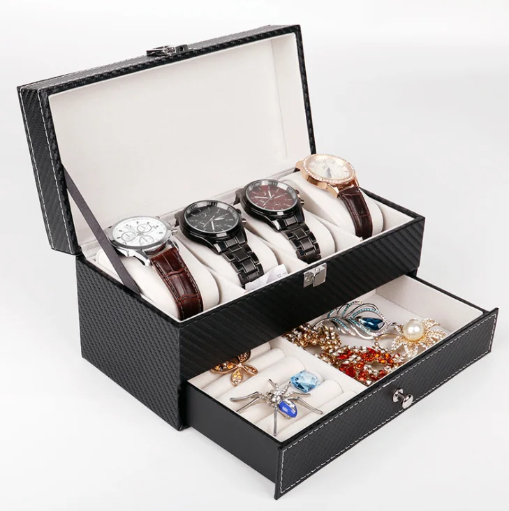 

In stock carbon fiber leather double layer jewelry box 4 slots watch case