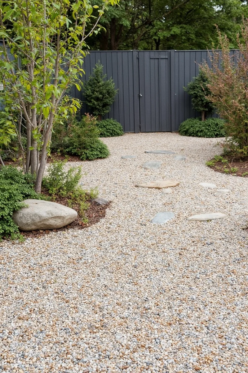 Diagram showing a pea gravel yard divided into three distinct zones: play area, dining area, and pet bathroom zone separated by small fence and plants.