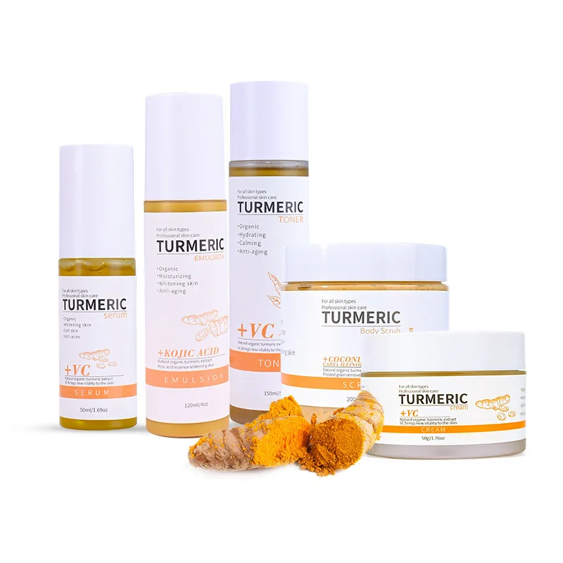 

Private label body face moisturizing whitening acne 5pcs turmeric skin care set anti age turmeric face serum