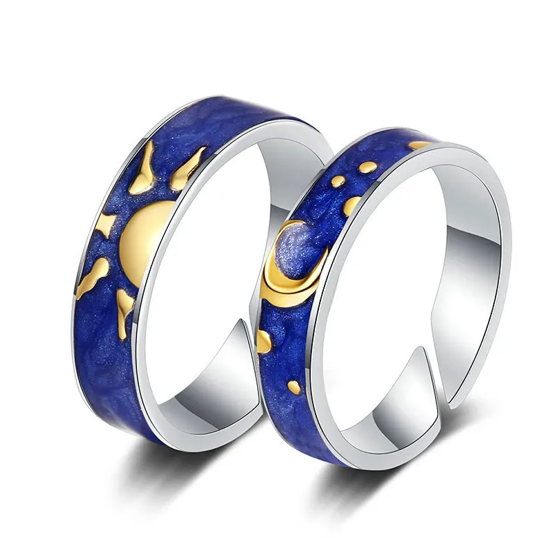 

NUORO Fashion Starry Sky Open Lover Rings Personality Romantic Men Women Rings Jewelry Gifts Enamel Sun Moon Couple Ring, Sliver