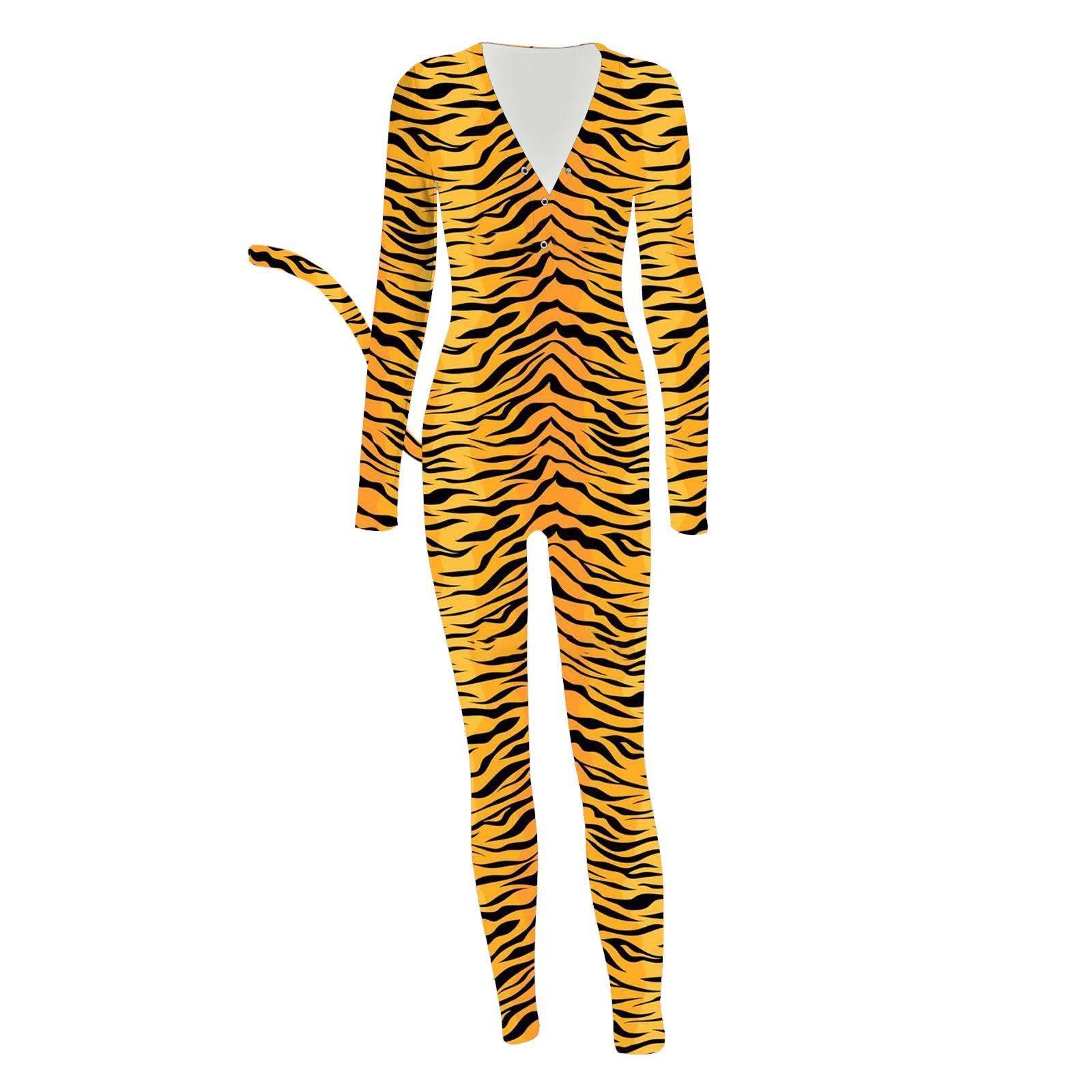 

Tiger Stripe Pattern Sexy Women's Pajamas Onesie V-Neck Button-Down Functional Buttoned Flap Pajamas Adults Jumpsuit, Customized color