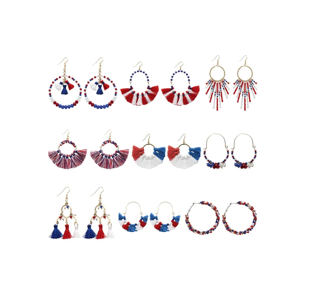 

Blue White Read Thread Fringe Patriotic 4th of July Independence Day Tassel dangle Earrings For Women, Picture shows