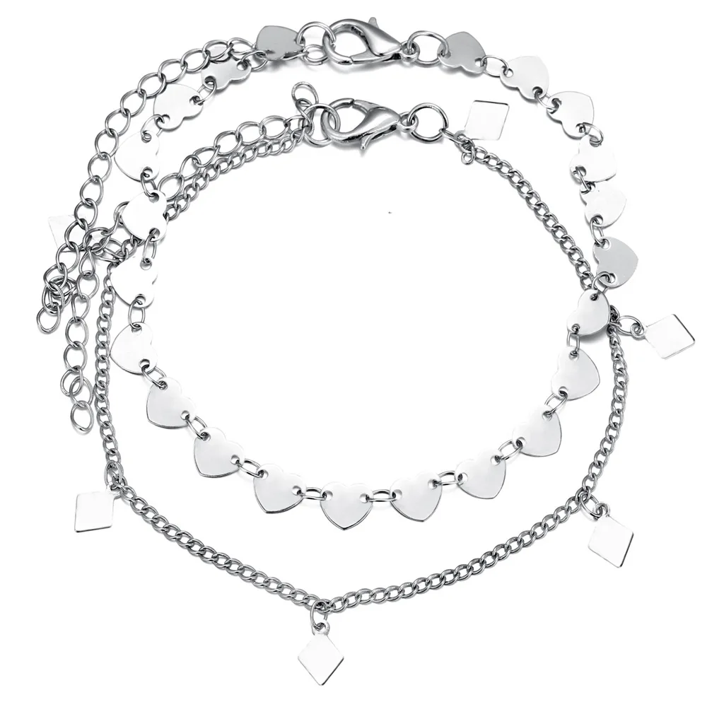 

Fashion Stainless Steel Creative Love Square Piece Pendant Anklet 2 Piece Set 1815