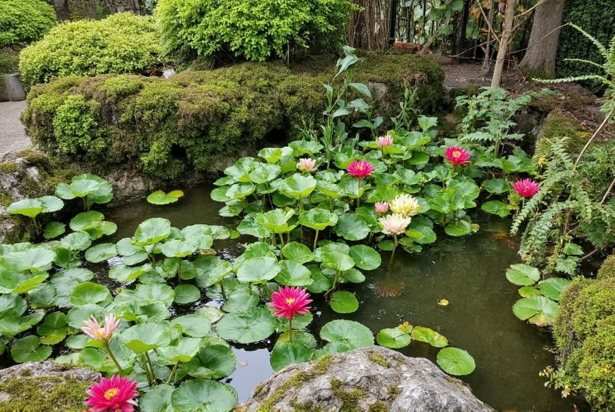 Ginger plants growing along the edge of a decorative garden pond