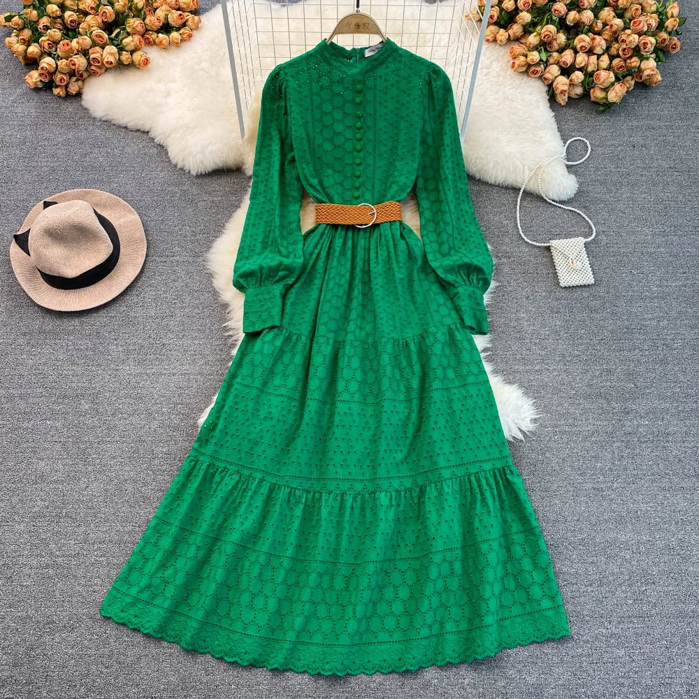 

Stand Collar Puff Sleeve A- Line Dress Seaside Vacation Desert Large Swing Dress Thailand Travel Bali Beach Dress For Women New