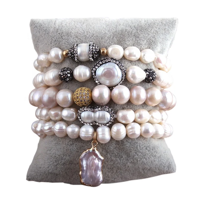 

New Women Jewelry Boho Elastic Irregular Pearl Beaded Bracelet 5pc Freshwater Pearl Strand Stack Bracelet Sets