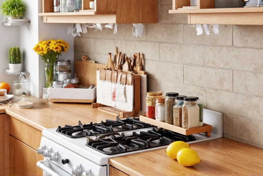 Labeled spice jars on an over stove spice rack