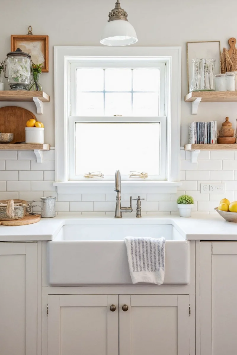 Farmhouse sink with open shelves underneath
