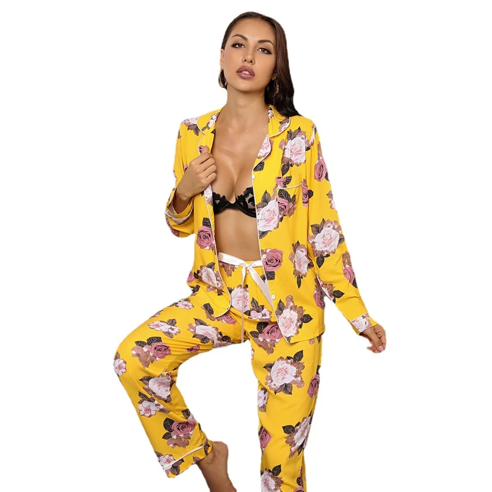 

Luxury Personalize Printing Custom flower Printing PJ set Silk Women Sleepwear Set Satin Pajamas Set, Custom color