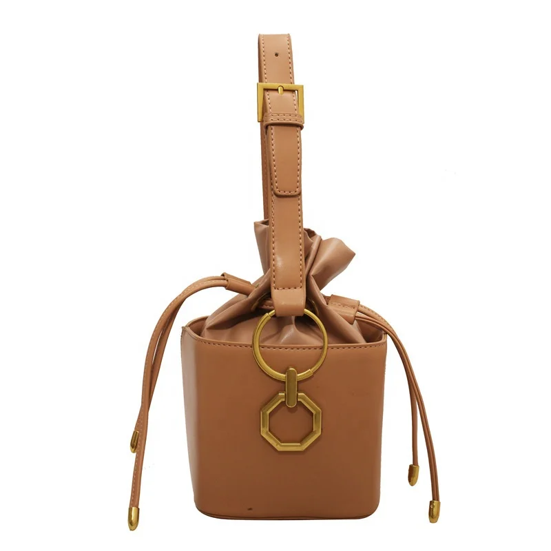 

New Arrivals Fashion Ladies Drawstring Shoulder Cross Body Vegan Leather Bucket Bag