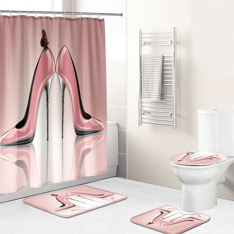 

Elegant high heels design bathroom set with shower curtain and rugs Non-Slip Rugs, Toilet Lid Cover and Bath Mat, Custom-made