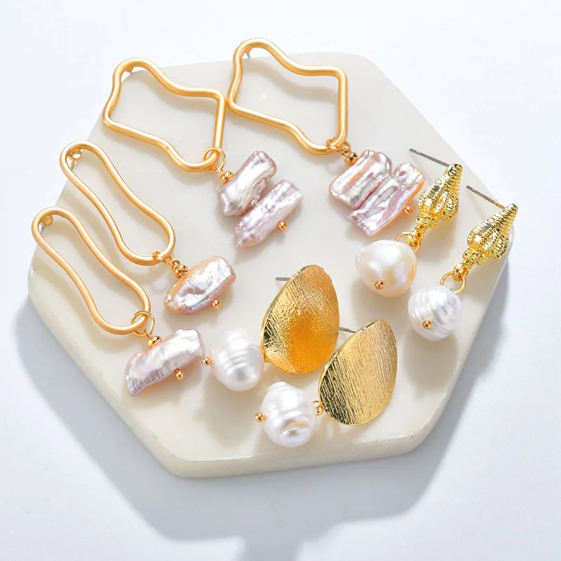 

18K Matte Gold Plated Geometric Stud Earrings Natural Freshwater Irregular Pearl Drop Earrings, As pictures