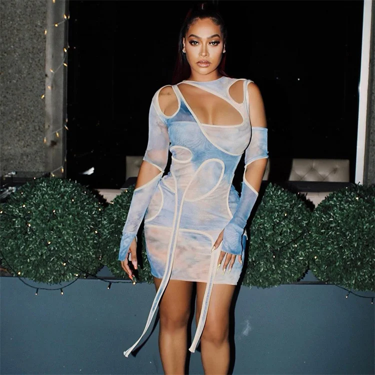 

Women Long Sleeve Hollow Out Club Style Sexy Dress Streetweaar, Customized color
