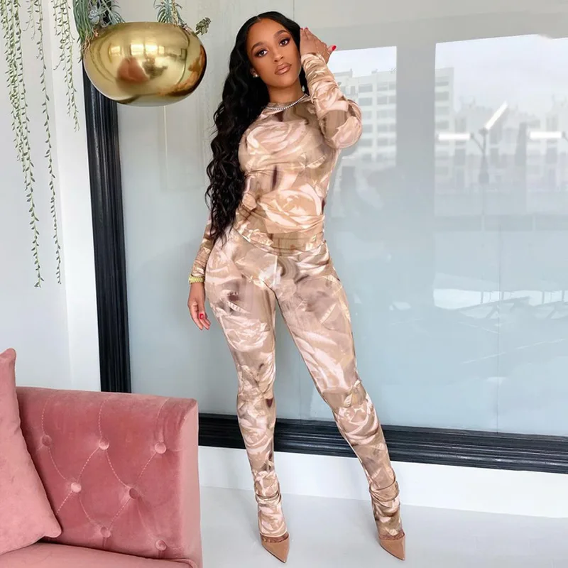 

2020 Long Sleeve Vintage Print Tshirt Top Bodycon Leggings 2 Pieces Set Autumn Winter Womenn Streetwear Tracksuit