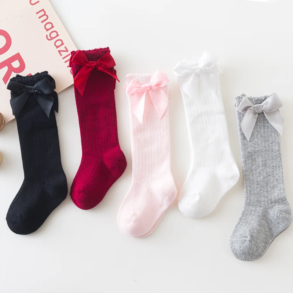 

Newborn Baby Girls Socks for Kids Toddlers Girls Big Bow Knot Knee High Children Long Soft Cotton Socks striped, 5 colors