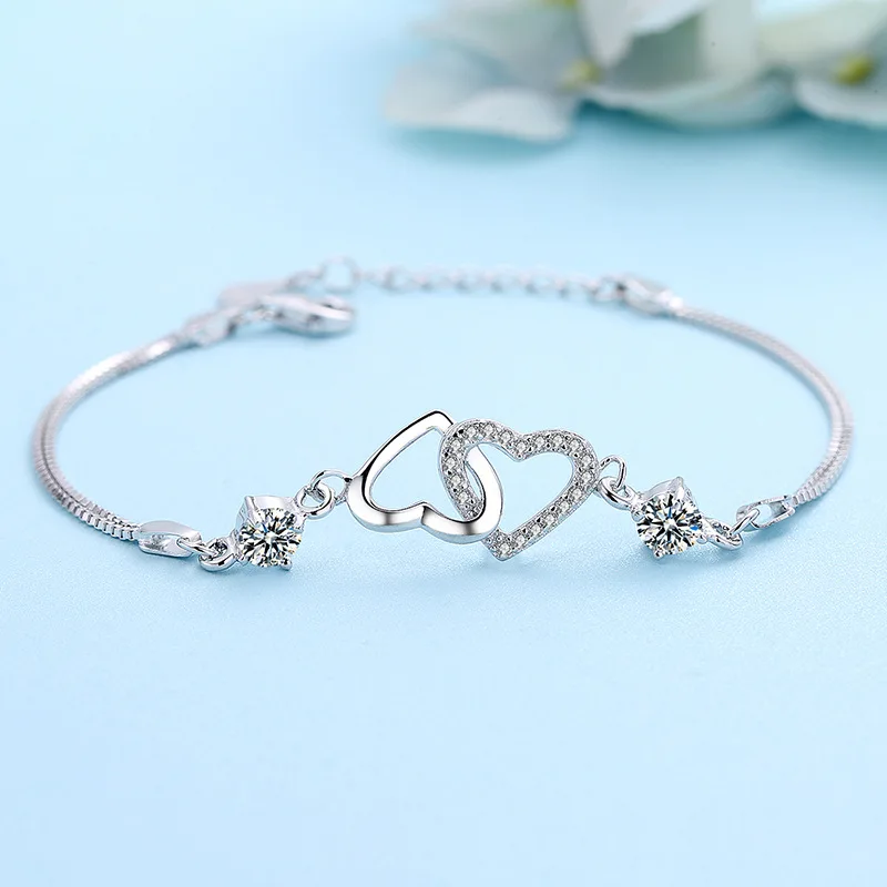 

100% Real 925 Sterling Silver Double Hollow Heart Crystal Charm Bracelets For Women Wedding Jewelry Gifts
