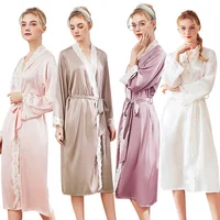 

Women Silk Robe Lace trim Long Night Dressing Gown bridal Satin Robes