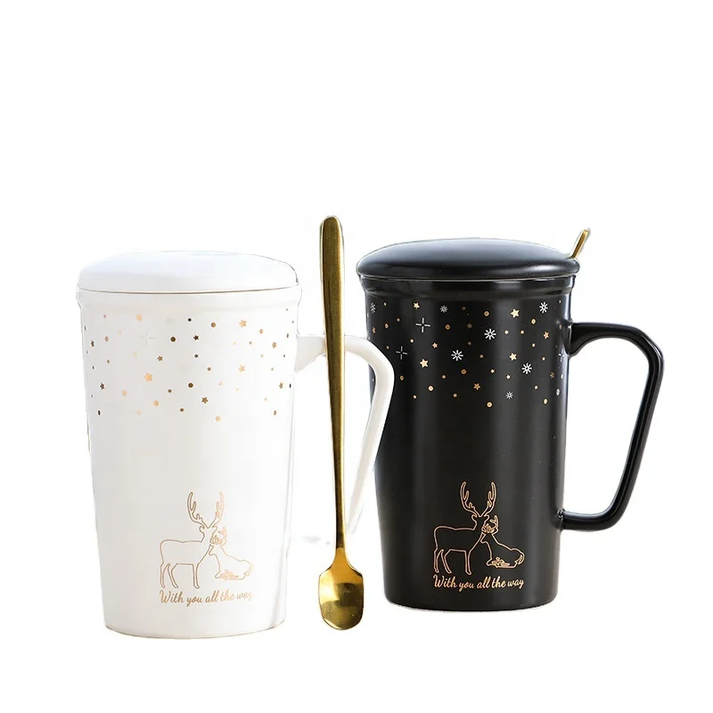 

Wholesale Gold Deer Printing Ceramic Coffee Ceramic Couple Mug Gift Set Custom Logo Coffee Mug With Cover Lid Spoon, Black,white