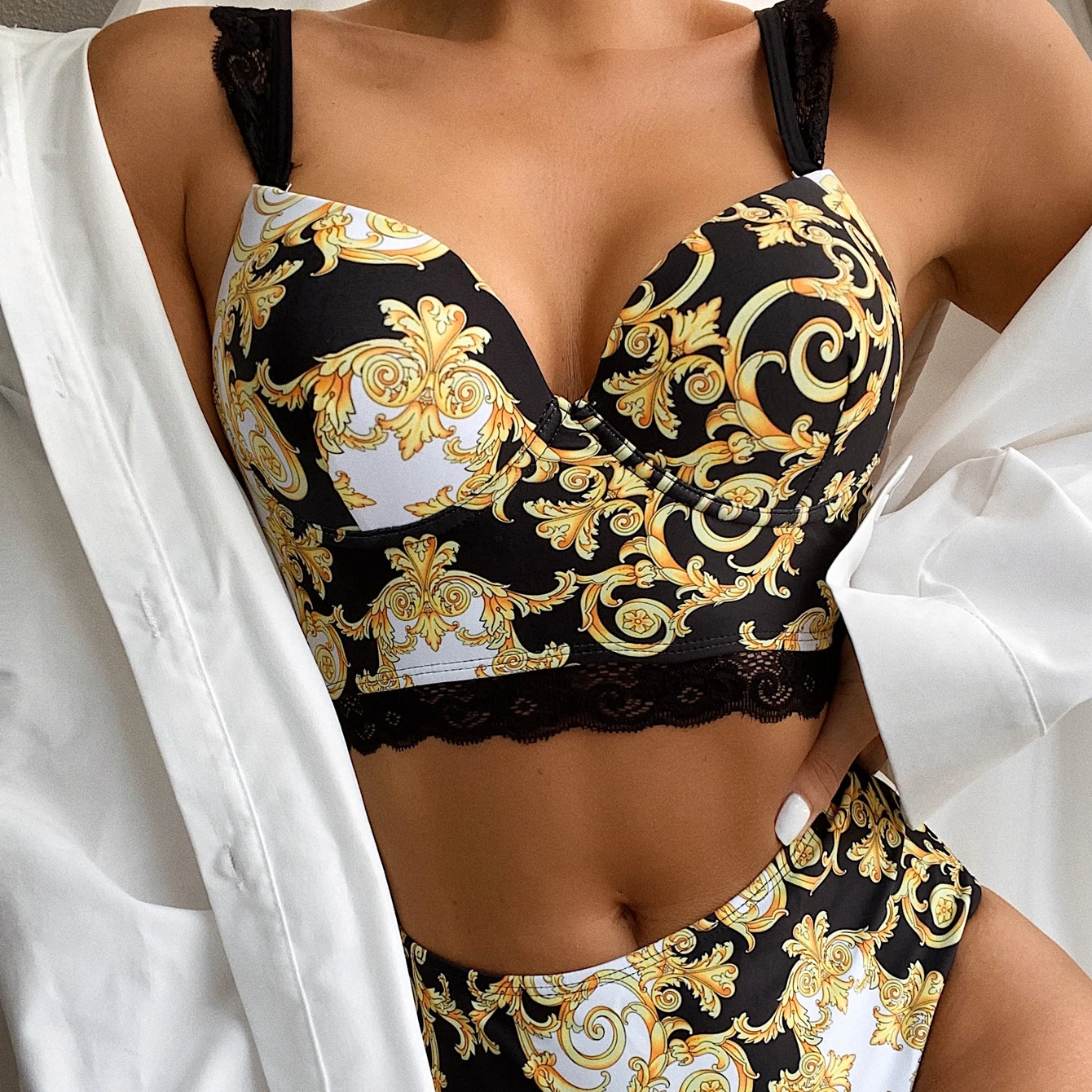 

2022 Bodysuit Sling Sleeveless Molded Cups Bikini Two Pieces Deep V Backless Yellow Floral Sexy Lace Bikinis Swimsuit