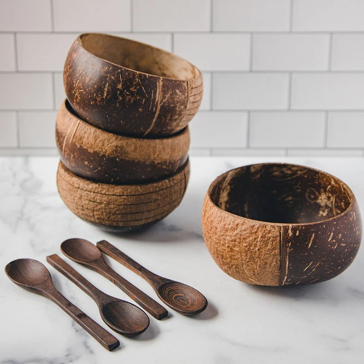 

Amazon Best-Selling Hawaii Large xxl Eco Natural Real Coconut Shell Serving Wood Flower Bowls and Black Wooden Spoon Sets
