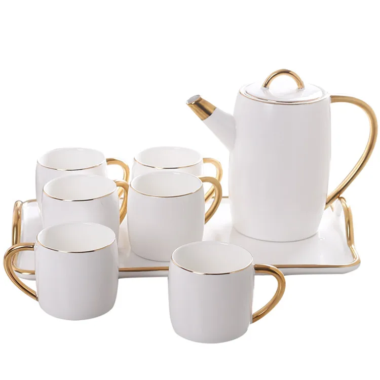 

Nordic elegance hand painted ceramic porcelain white color 8 pcs novelty tea set with teapot