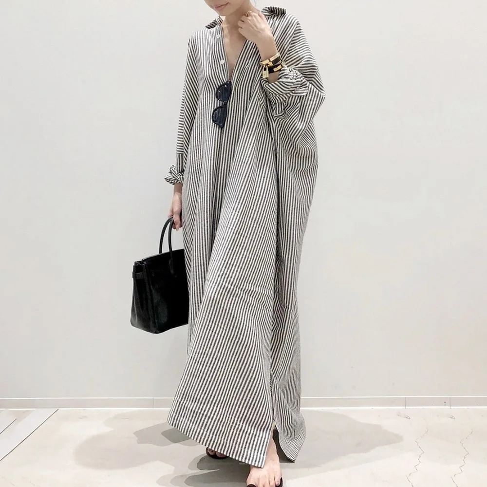 Wholesale 2026 Summer New Style Cotton comfort Striped Casual A-line  Long-sleeved Loose Single-breasted Straight  Fashion Dress