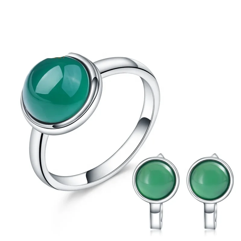 

Elegant Round Natural Green Agate Earrings Ring Set 925 Sterling Silver Jewelry