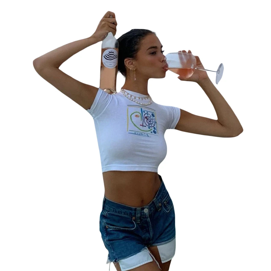 

2021 Summer white short sleeve navel-baring tight Slim Crop Tops round collar fashion t-shirt cotton women
